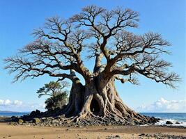 A large tree on the beach with no leaves photo
