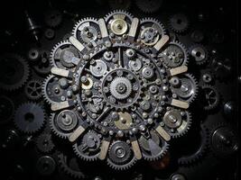 A clock with gears and cogs on a black background photo