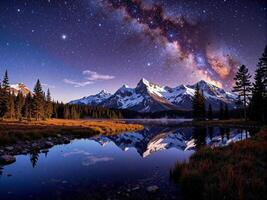 The milky way over a mountain lake and trees photo