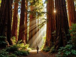 A person walking through a forest with sunbeams shining through the trees photo