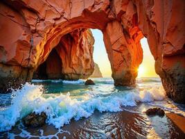 The sun is setting behind a large rock formation on the beach photo