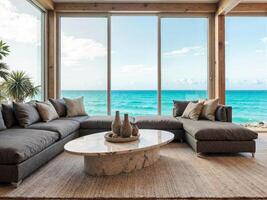 A living room with a couch and a table with a view of the ocean photo