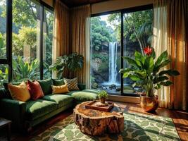 A living room with a waterfall view and green couch photo