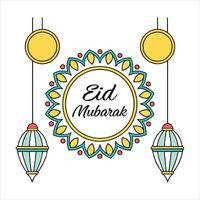 Elegant Eid Mubarak Card with Moon, Lamp sand Calligraphy vector