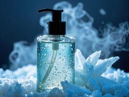 A bottle of liquid soap is sitting on top of snow photo