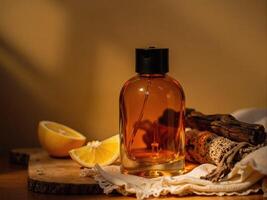 A bottle of perfume with a lemon slice on a wooden table photo