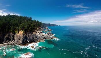 Powerful Ocean Waves Crashing Against Sharp Coastal Rocks photo