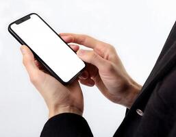 Close-Up of Man in Suit Using Smartphone with Blank View photo