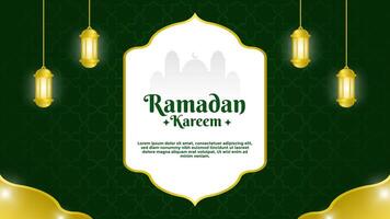 Ramadan greeting template with gold hanging lantern on green background vector