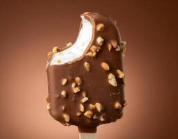Close-up of a Chocolate Ice Cream Stick with Crunchy Nuts photo