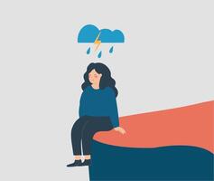 Sad woman sits on the edge of a cliff suffers from mental health disorders and loneliness. Unhappy girl with tangled thoughts and psychological problems. Concept of depression, anxiety and stress. vector