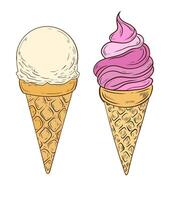 colored ice cream in a cone. Two colored ice creams with a scoop and cream in a cone. Dessert cold ice cream with vanilla and strawberry flavor. Design and decoration of packaging, menu, cafe. vector