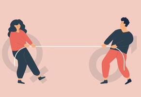 Tug-of-war between a couple conflicting interests and rights. Struggle between a man and a woman for gender equality. Husband and wife are pulling rope to see who will control in their relationship. vector