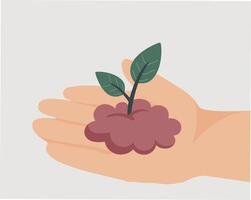 Hand holds a small plant from the ground. Ecologist keeps a green tree in his palm to save it. Illustration to protect the planet from pollution. Concept of sustainable lifestyle and green energy. vector