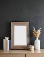 Contemporary Living Room with Mockup Frame on Cabinet and Dark Wall Backdrop photo