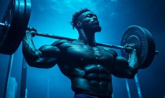 A Muscular Weightlifter Performing an Impressive Lift Underwater in Deep Blue Light photo