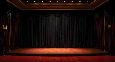 An empty theater with a stage and curtains photo