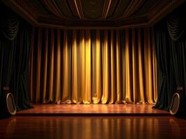 An empty stage with a golden curtain and black curtains photo