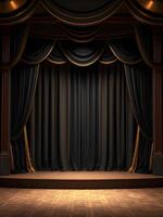 An empty stage with black curtains and gold trim photo