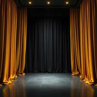 An empty stage with yellow curtains and a spotlight photo