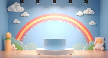 A room with a rainbow and a toy shelf photo