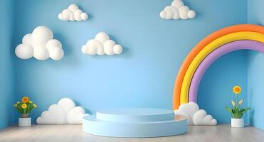 3d render of a room with a rainbow and clouds photo