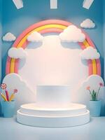A stage with a rainbow and clouds in front of it photo