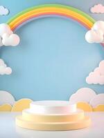 3d render of a podium with clouds and rainbow photo