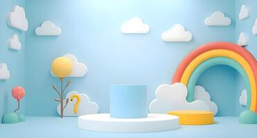 3d render of a colorful room with balloons, clouds and a rainbow photo