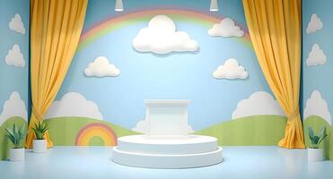 A stage with a rainbow and clouds in front of it photo
