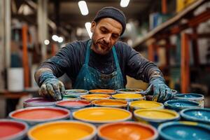 A worker at a paint factory mixes paint. Long rows of tin cans of paint on a conveyor belt. photo