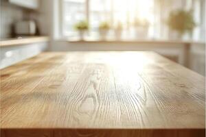 Wooden tabletop on blurred kitchen background. Can be used as mockup or design for product demonstration. Generated by artificial intelligence photo