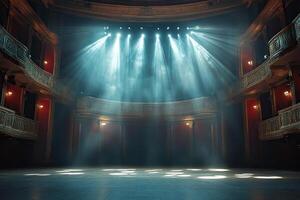 An empty theatre stage illuminated by spotlights before performance. Generated by artificial intelligence photo