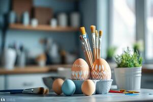 Photo of Easter eggs with design and decoration handmade with brushes and paints. Easter eggs on the kitchen countertop. Generated by artificial intelligence