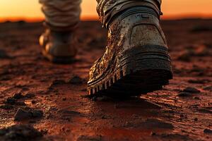 Close-up of astronaut's dirty boots on the surface of the red planet. Concept of Mars exploration. Generated by artificial intelligence photo