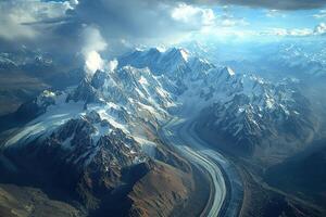 Aerial view of snow-capped mountain range and low hanging clouds. Generated by artificial intelligence photo