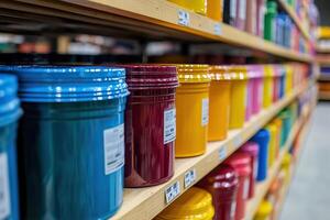 Paint cans on shelves in a hardware store. Products in a hardware store. photo