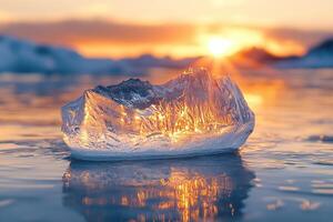 Ice floe melting on water with sunset rays in the background. Global warming concept. Generated by artificial intelligence photo