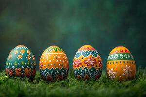 Four decorated Easter chicken eggs in green grass on green blurred background. Generated by artificial intelligence photo