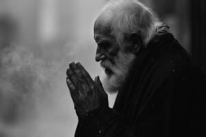 An elderly man with a beard folded his hands in prayer to the Lord God. A black and white image of an old man begging for forgiveness. Generated by artificial intelligence photo