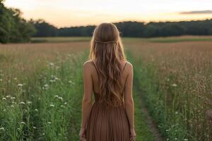 Back view of a young brunette girl with long hair in a brown dress on a path in a field in the evening. Generated by artificial intelligence photo