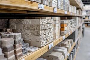 Shelves with samples of wall finishing materials in a hardware store. photo