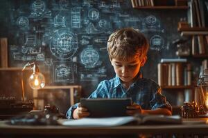 A smart schoolboy looks at a tablet while sitting at a table, surrounded by textbooks. Generated by artificial intelligence photo