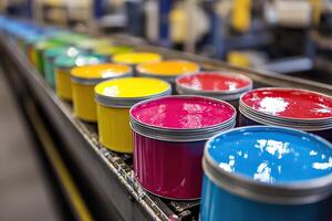 A colorful paint production line with many open tin cans of different colors. Factory for the production of paints. Jars of paint of different colors on a conveyor belt. photo