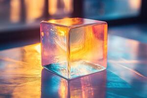 Transparent glass cube on on the table. Transparent background texture with a space for text. Generated by artificial intelligence photo