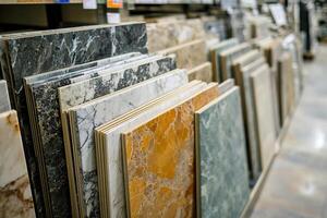 Samples of marble and porcelain tiles in a construction store. Concept of renovation and interior selection. Generated by artificial intelligence photo