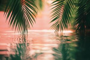 Close up of soft ripple water texture with pink tint with palm leaves on top. Summer banner. Generated by artificial intelligence photo