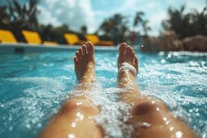 Women's legs in splashes of water in the middle of a swimming pool at a seaside resort. Generated by artificial intelligence photo
