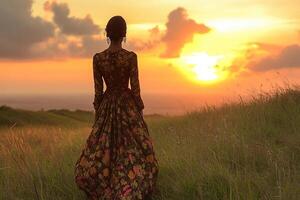 Photo of a woman in a beautiful dress standing in a field at sunset.