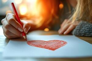 Hands of a young girl with red manicure draw a heart with a red pencil on white paper. Generated by artificial intelligence photo